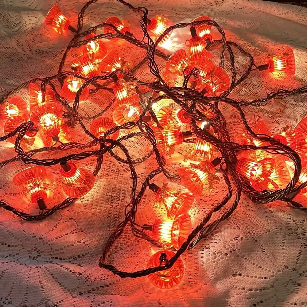 Vintage Christmas String Lights Red Bells Gold Bows Blinking Musical *READ